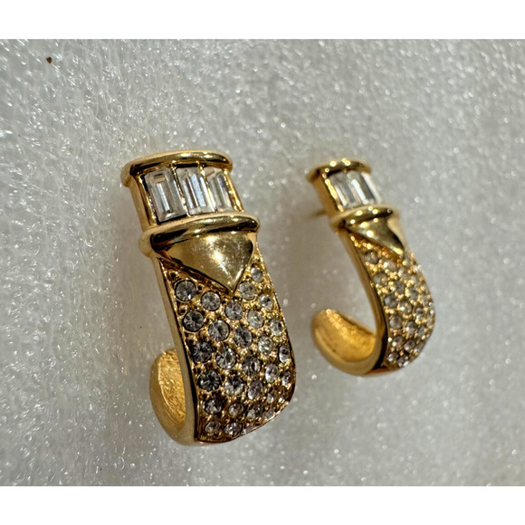 Vintage S.A.L. Swarovski Clear Crystal Half Hoop Earrings Gold Plated Pierced - Picture 2 of 6
